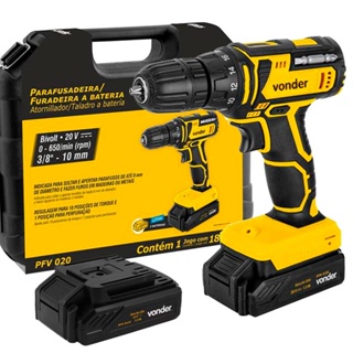 Furadeira e Parafusadeira à Bateria 20V Com Maleta 2 Baterias e Acessórios Bivolt PFV020 VONDER em Oferta na Shopee