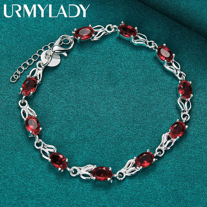 925 Sterling Silver Charme Red AAA Zircon Pulseira Cadeia Para As Mulheres Da Festa De Noivado Casamento Moda Jóias