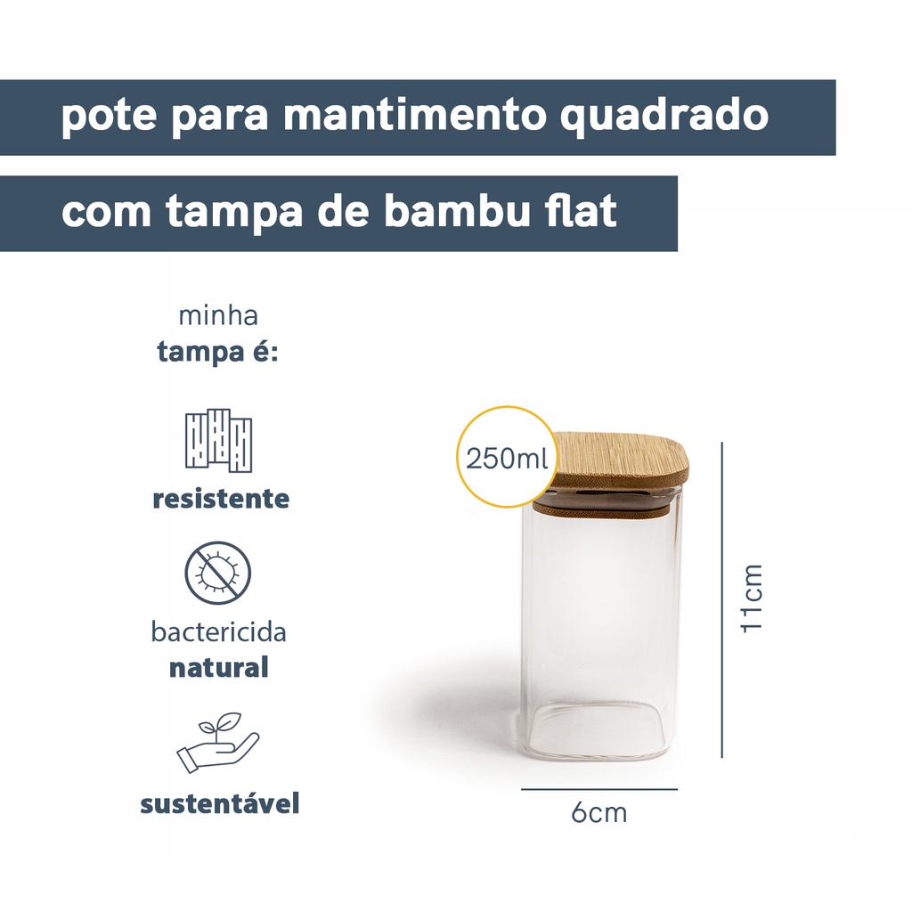 Detalhes do Pote De Vidro Mantimentos Quadrado Flat 250ml Tampa Bambu - Oikos