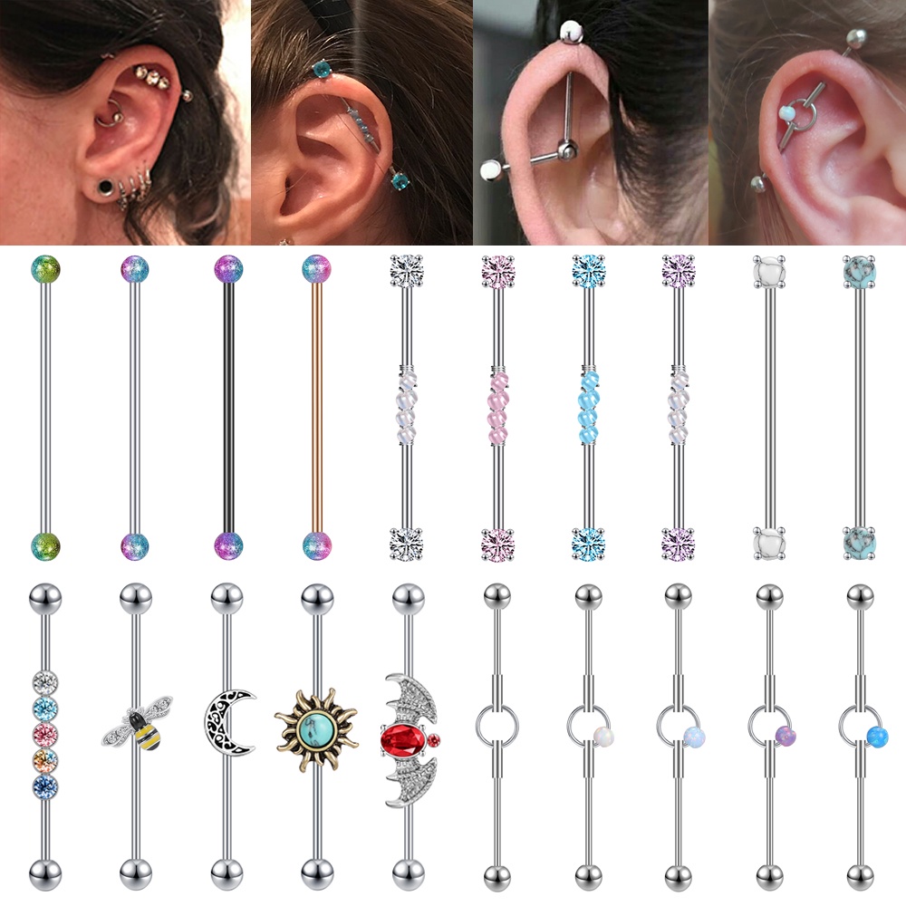 1 PC 14G/16G Cz Barra Industrial De Aço Inoxidável Opala Orelha Cartilagem Helix-Conch Piercing Abelha Lua Brinco Parafu