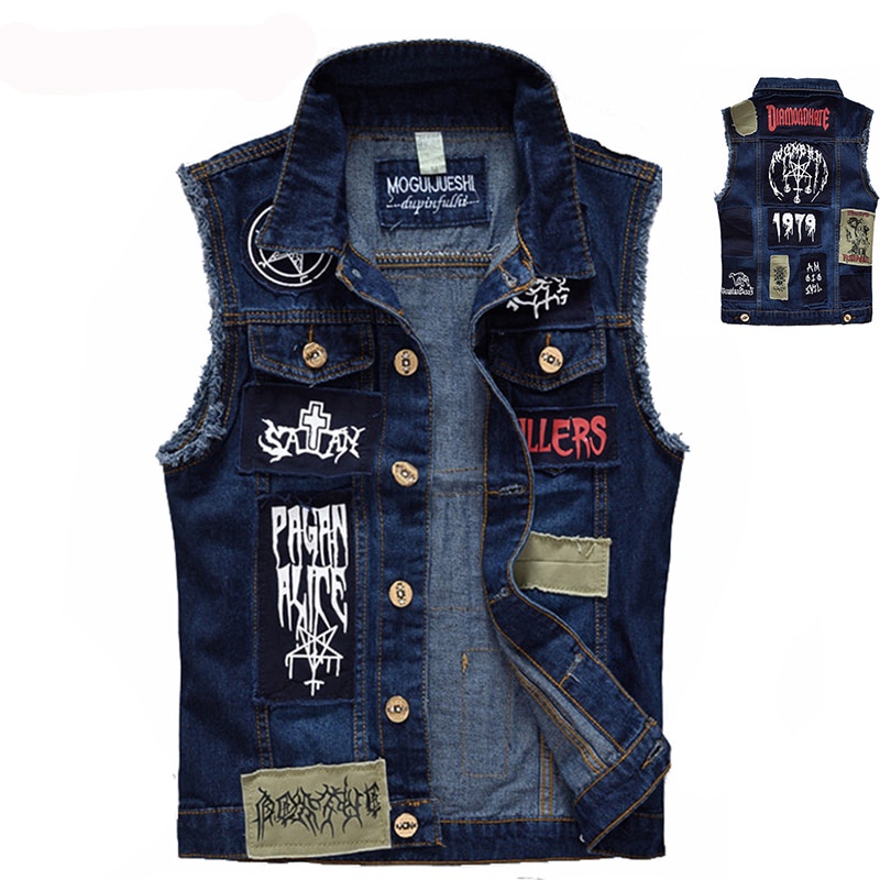 Jaquetas vintage jeans colete sem mangas modelos de remendo de moda estilo punk rock estilo cowboy rasgado e desgastado jeans colete tanques