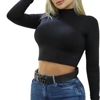 Cropped Feminino Suplex Liso Gola Alta Manga Longa