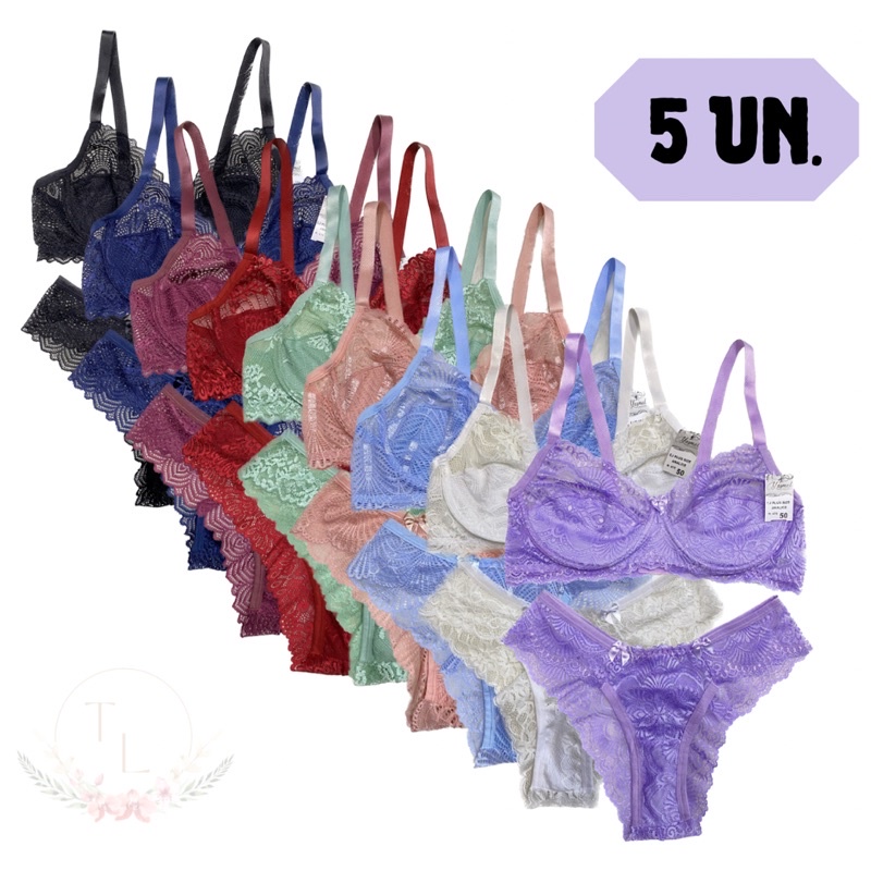 Kit 5 Conjuntos Plus Size Meia Taça Rendado Sem Bojo Até o tamanho 54