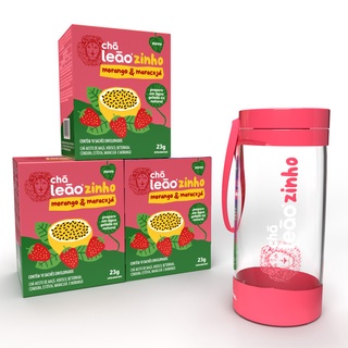 Combo Chá Leãozinho 3x Morango e Maracujá Kids com Garrafa Rosa - 30 Sachês