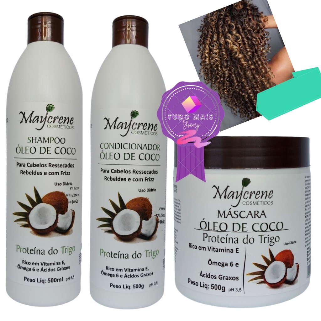 Kit Cabelos Cacheados Óleo Coco Shampoo Condicionador e Máscara 500ml Maycrene