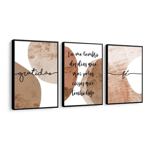 Quadro Decorativo 3 Peças 3mm Abstrato Com Frase Marrom
