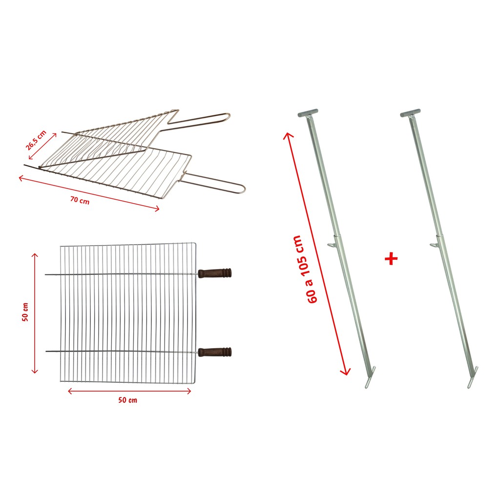 Kit Churrasqueira Grelha Média + Grelha Dupla Abaulada Grande +  Suporte Extensor Ajustável 5002/5103A/5501