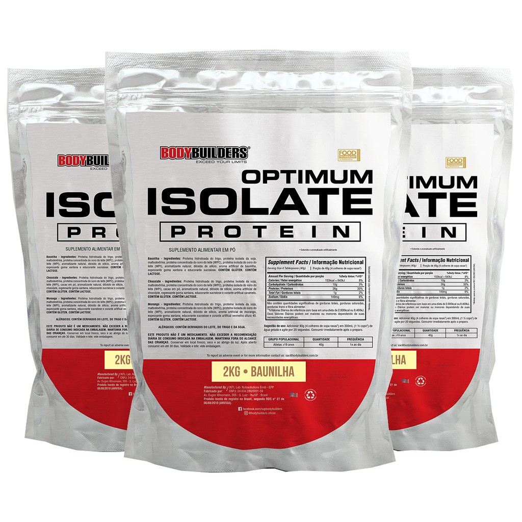 Kit 3x Whey Protein Isolado Optimum Isolate 2kg - Bodybuilders Suplemento alimentar em pó para ganho de massa muscular