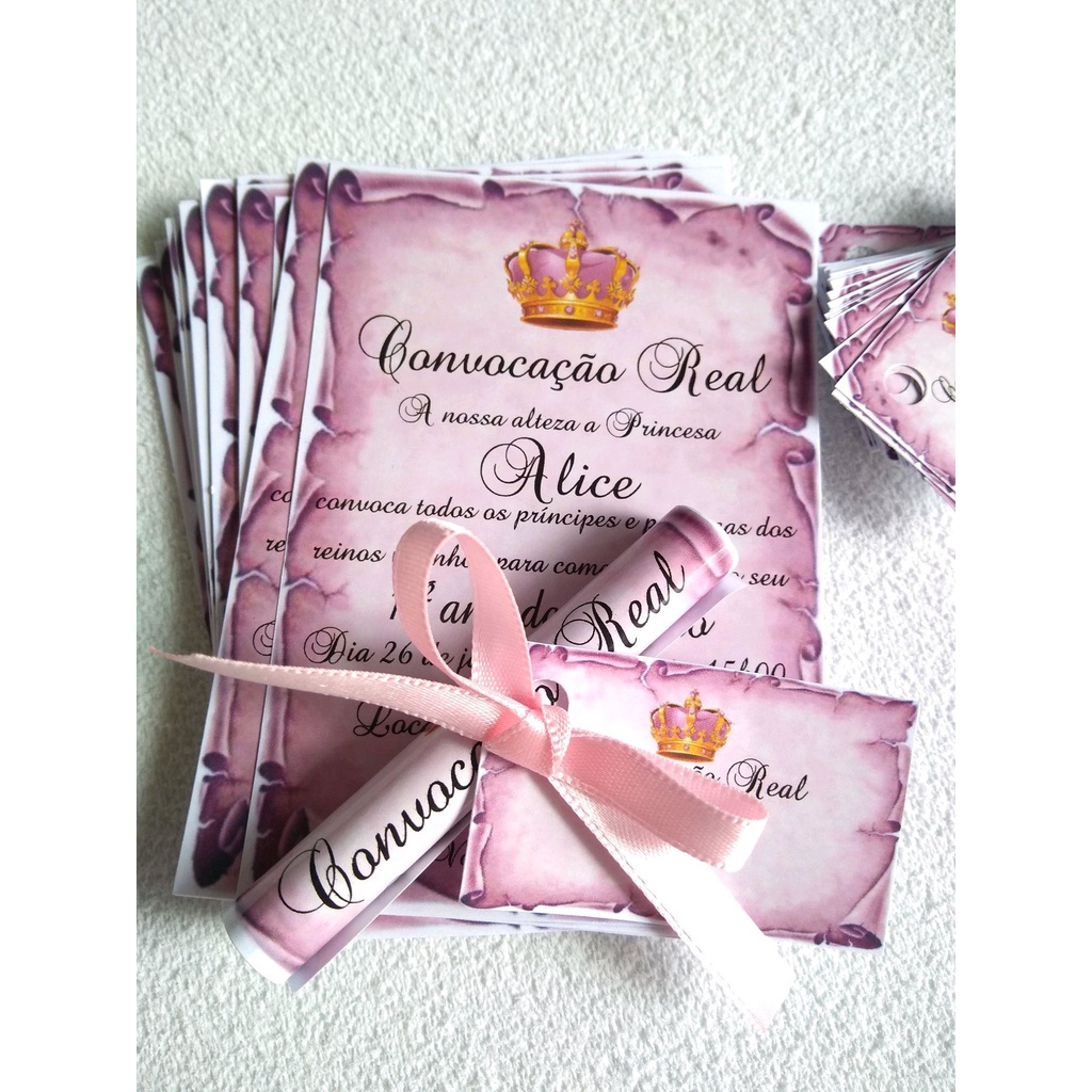 KIT 50 Convite 10x14CM Pergaminho Realeza  com Fita de Cetim e Tag + 130 convites Individual - Papel Fotográfico Brilho