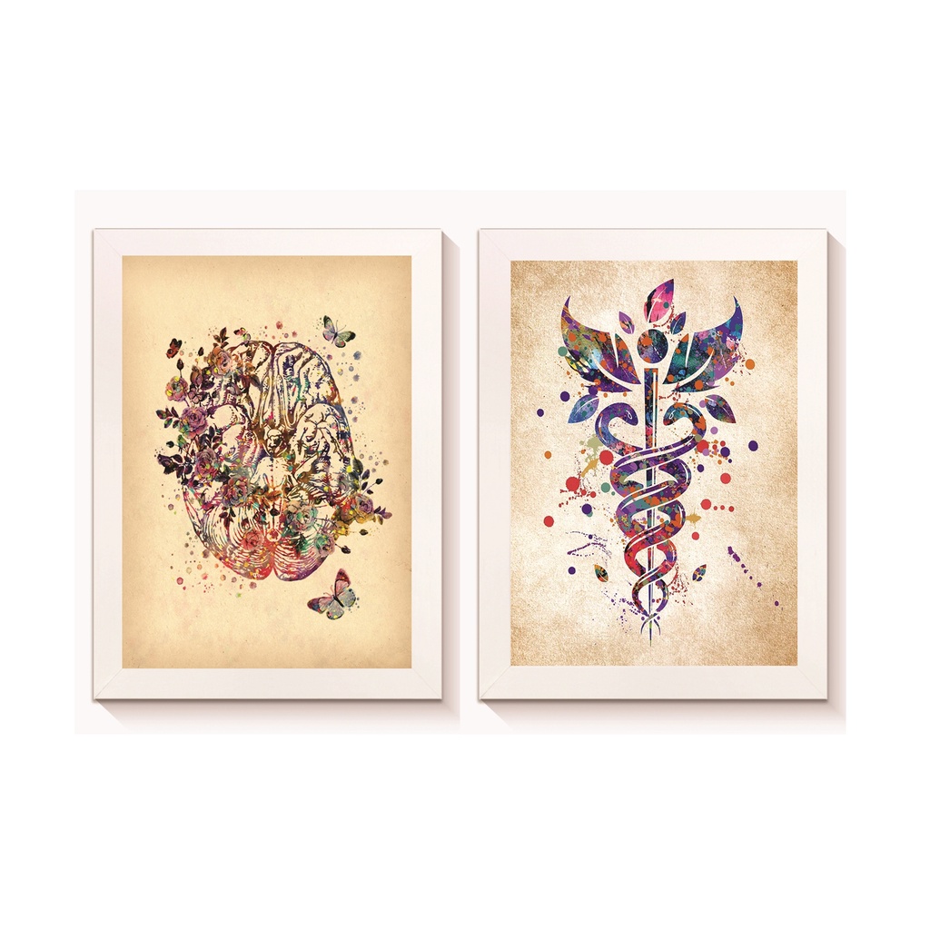 Kit 2 Quadros Decorativos Cérebro  Símbolo de Medicina Neurologia Medicina Consultório Molduras 20x30cm Madeira