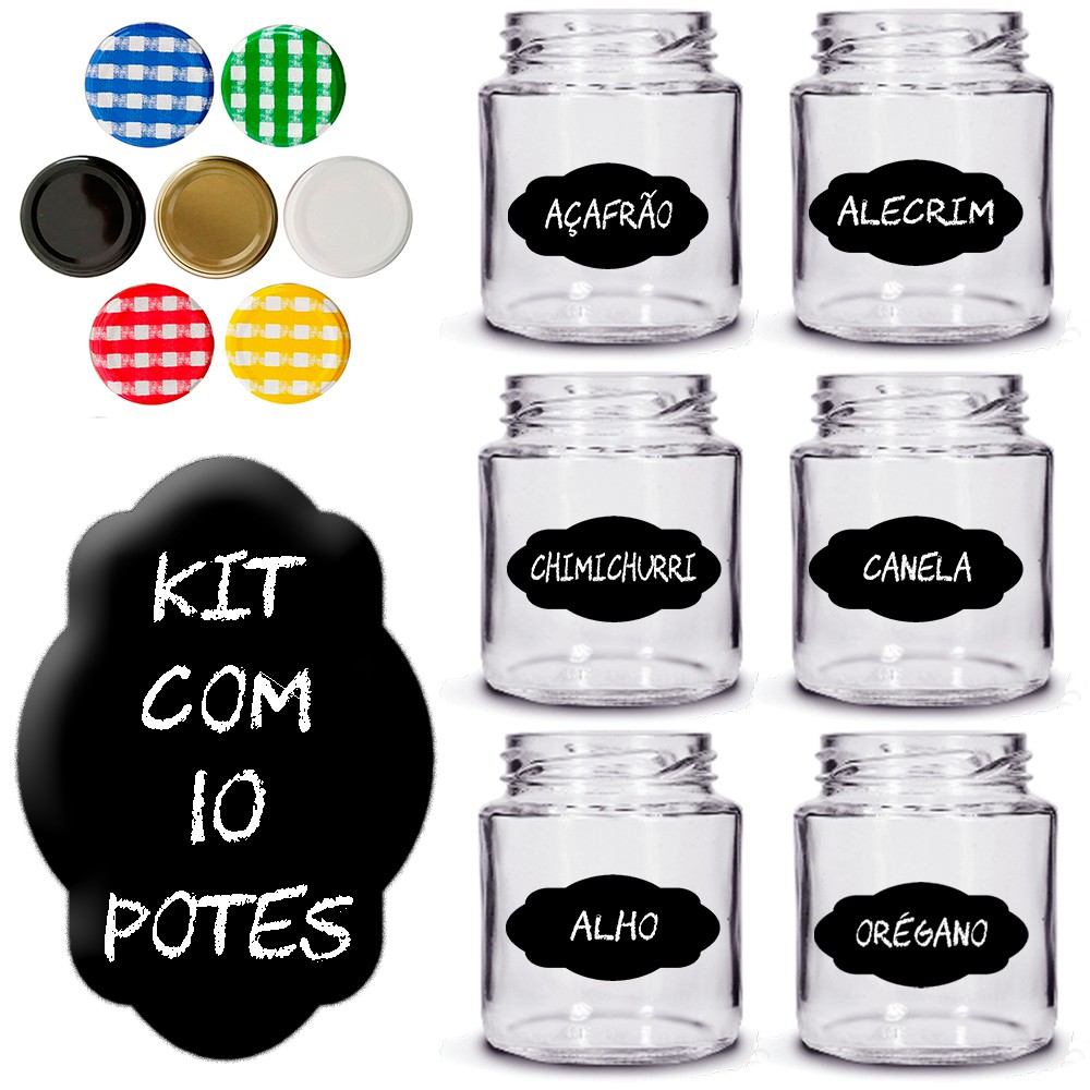 Pote Vidro 240ml - kit com 10 + Adesivos impressos (você escolhe os nomes) para bolo, condimento, tempero, etc.