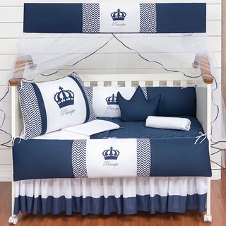 Kit Berço Coroa Classic Protetor Laterais Azul Marinho Completo Com Lençol e Saia Box 11 Peças