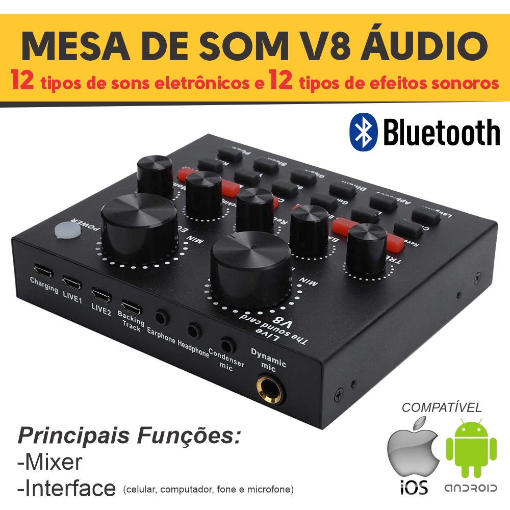 Mesa de som V8 Multifuncional Para Live Som Usb Card Interface De Audio