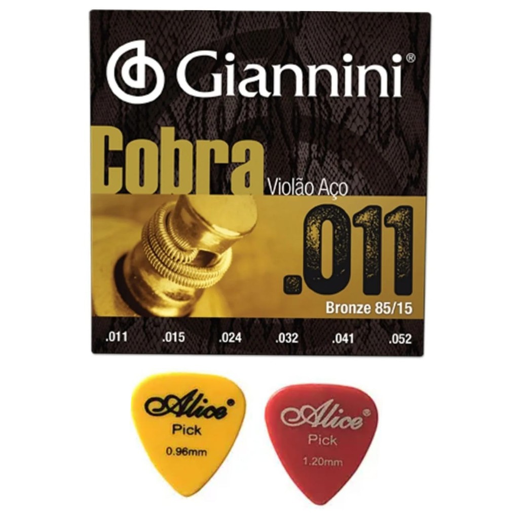 Encordoamento corda violão aço 011 Giannini cobra geefllk 2 palhetas Alice