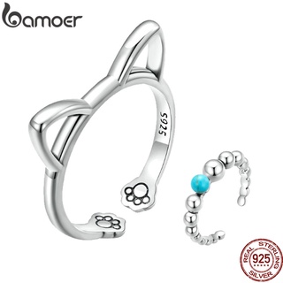 Bamoer Aberto Anel De Prata 925 Turquesa Ajustável Rodada Bead Simples Jóias Gato Para As Mulheres Acessórios Da Moda
