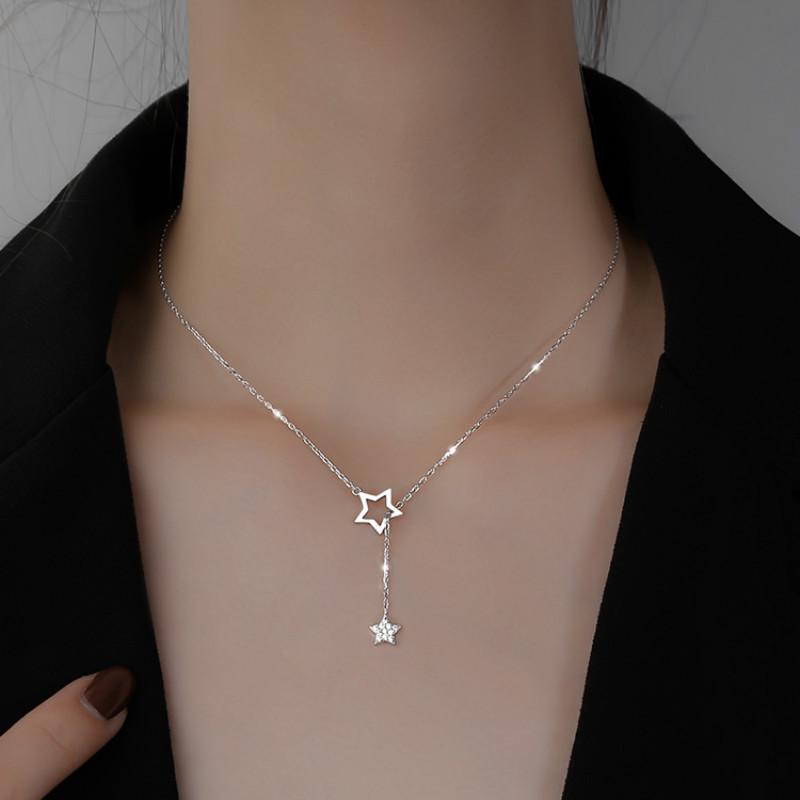 S925 Sterling Silver Star Tassel Simples Zircon Sexy Clavícula Colar Simples Mulheres Presente De Aniversário De Jóias Mulheres