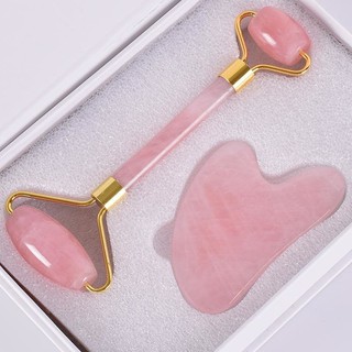 Rolo Massageador Facial + Gua Sha Quartzo Rosa Quartzo