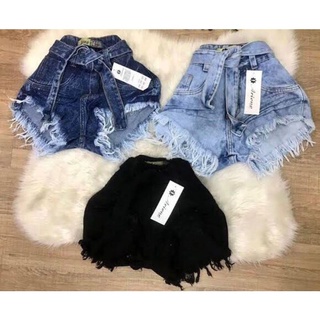 Shorts Bermuda Jeans Laço Amarração Cintura Alta