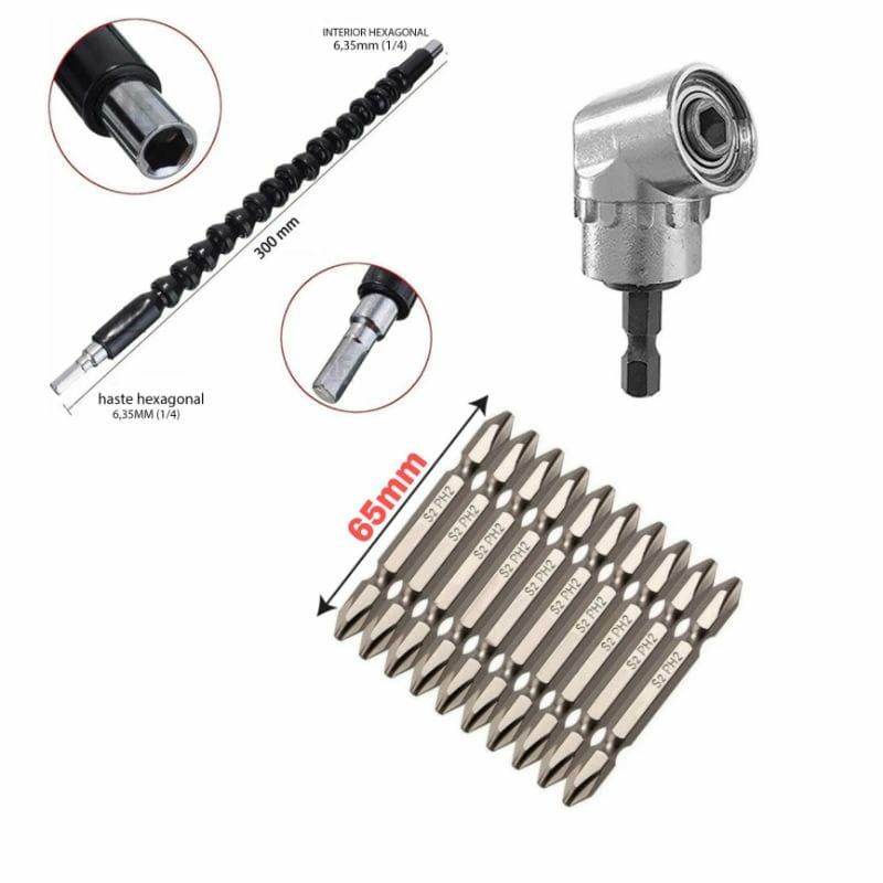 Kit Para Parafusadeira 10 Philips Ph2/ Adaptador Angular/ Extensor Flexível 300mm Barato