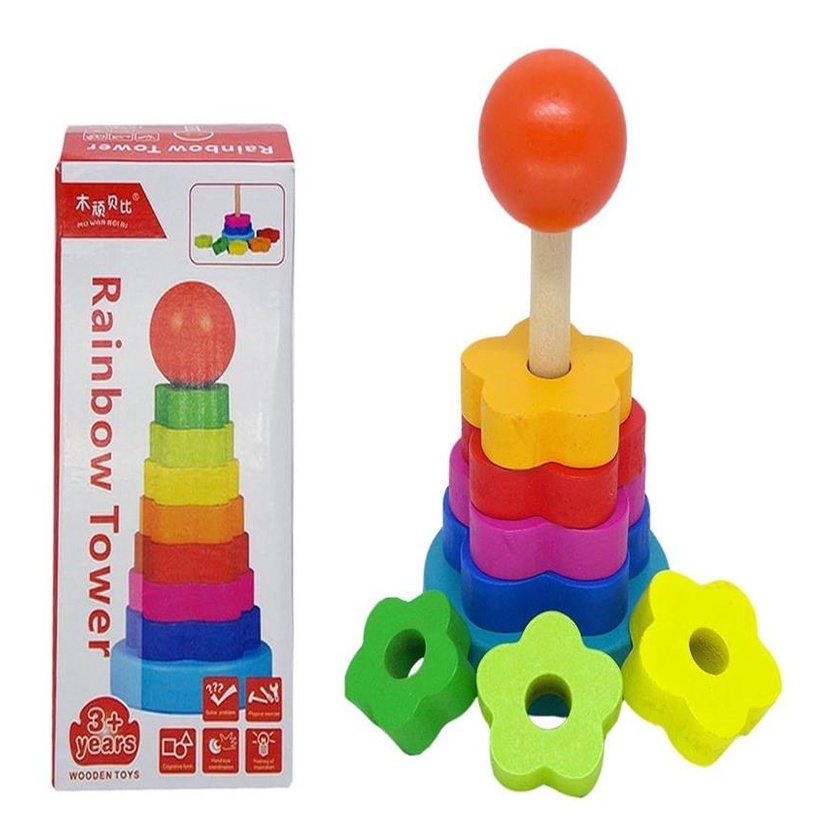 Brinquedo Educativo Torre Do Arco-iris 8 Pecas Em Madeira em Oferta na Shopee