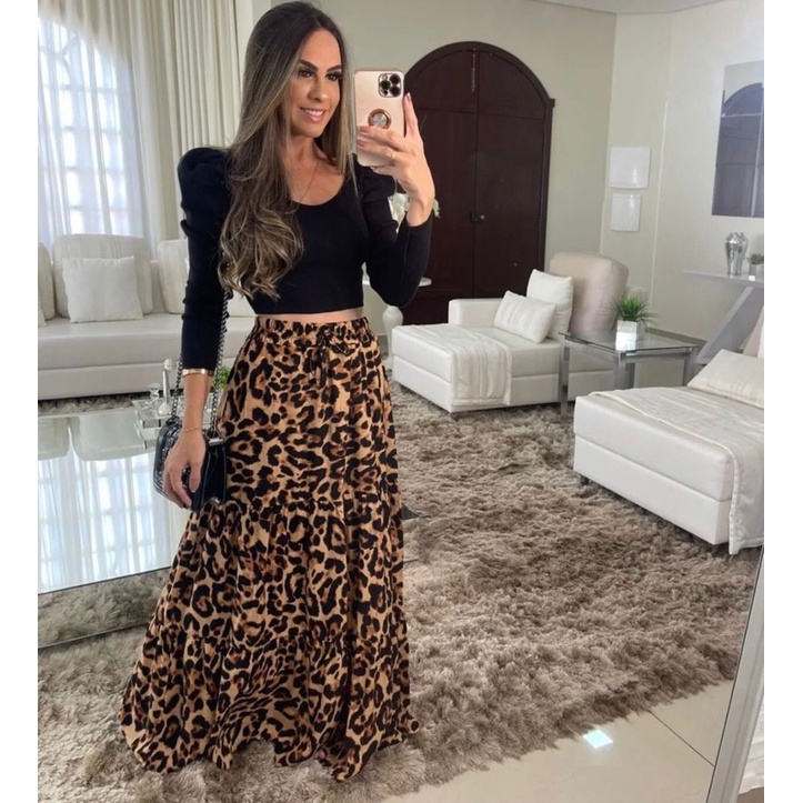 Saia Longa Estampada Animal Print Oncinha Onça Babado Viscos