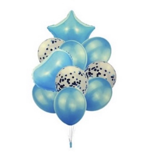 Kit Buque Balão Metalizado 10 Peças Bexiga com Confete e Cromado azul off em Oferta na Shopee
