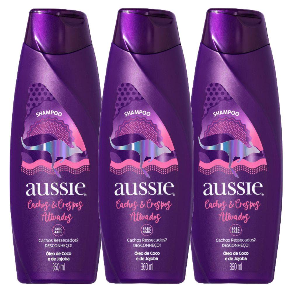 Kit com 3 Shampoo Aussie Cachos e Crespos Ativados Limpeza Delicada e Hidratante 360ml em Oferta na Shopee
