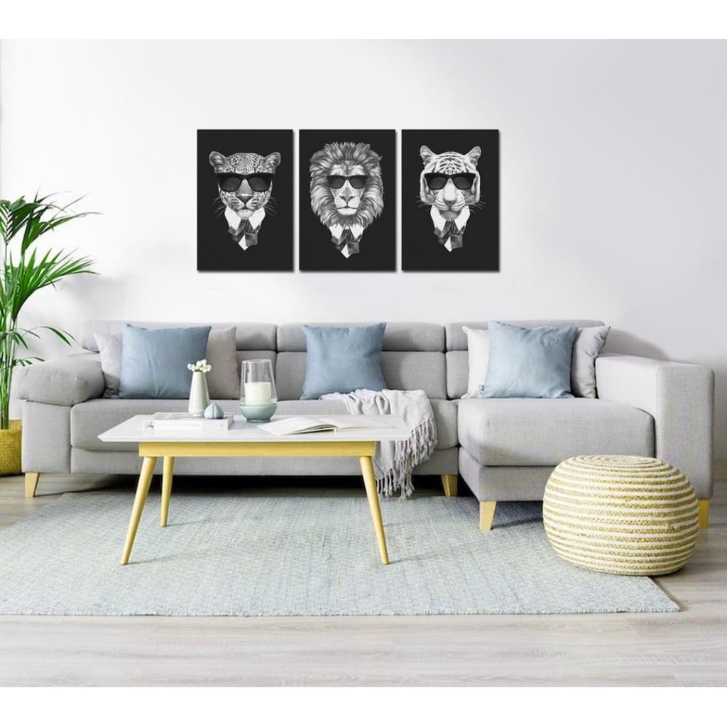 Quadro Decorativo 3 Peças Leão Leopardo Tigre Leoa Moderno Vintage Oculos Escuros Cult Abstrato Escritorio Geometrico Hipster Sala Quarto