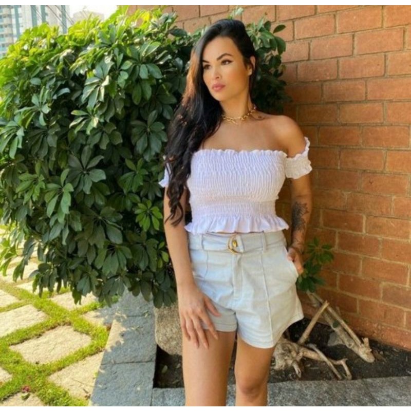Cropped Canelado Feminino Justo Confortável Estiloso Moda Casual Básico Verão Várias Cores