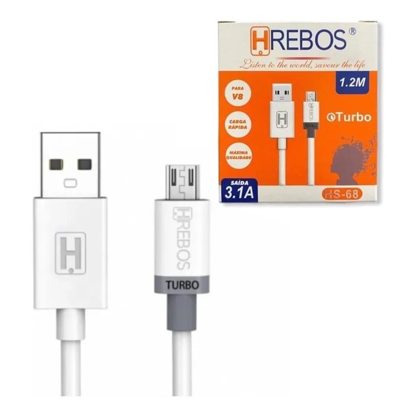 Cabo USB Turbo 3.1A Original Hrebos V8 Android 1.2m Atacado HS-68