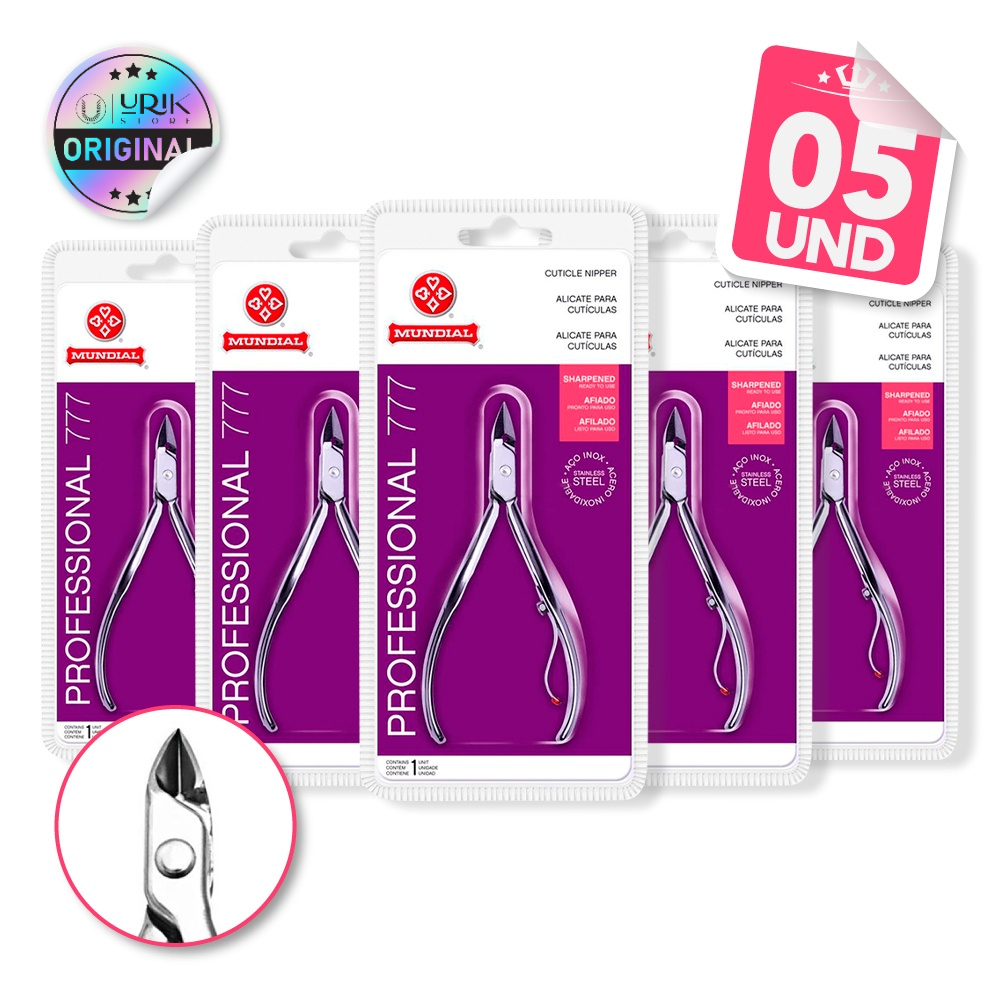 Kit 05 Alicates Aço Inox Mundial 777 Profissional Corte Afiado Cutículas Unhas Manicure Pedicure