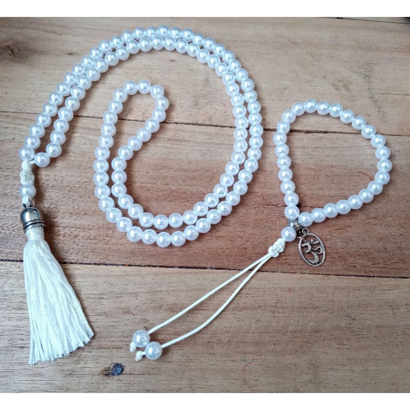 Imagem Japamala 108 Contas Pérola Branca + Pulseira 27 contas abs 8 mm Rosário Budista Meditação Ref:104