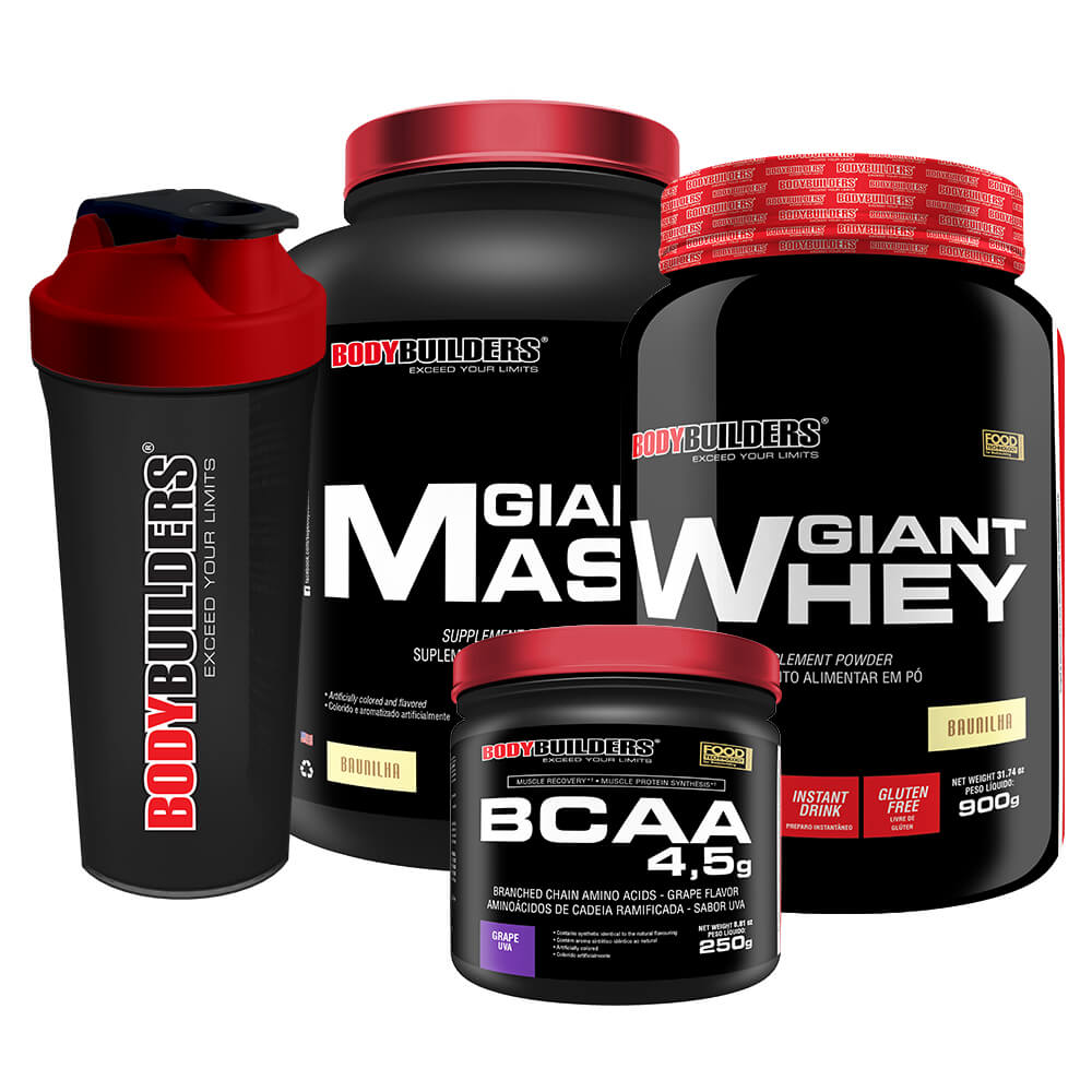 Kit Giant Mass 3kg + Giant Whey Protein 900g + BCAA 4.5g 250g + Coqueteleira  – Bodybuilders