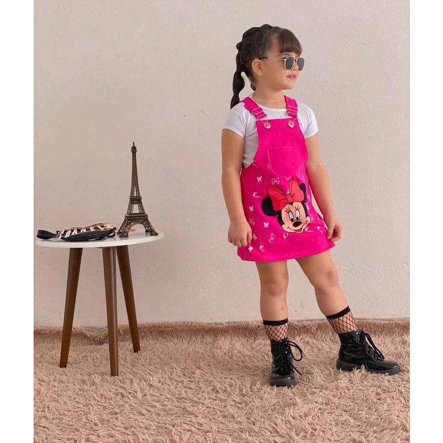Conjunto Jardineira Salopete Jardineira + Camiseta Canelada Saia Infantil Bengaline Kids Menina Tam 1 ao 6 anos