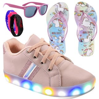 Kit Tenis De Led Feminino Para Crianças Moda Casual Infantil Original + Chinelo e Brindes Barato Com Luzinha Macio Leve E Confortável