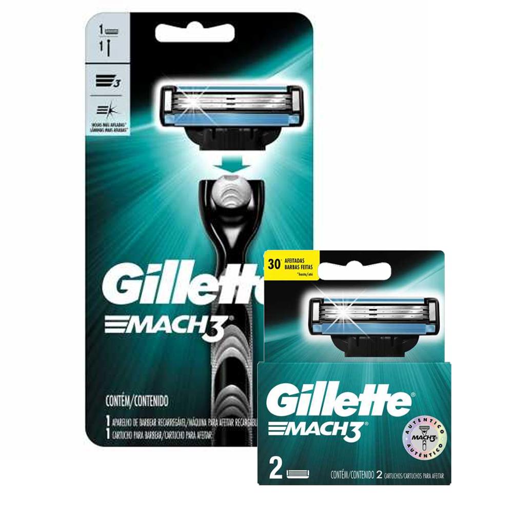 Kit Aparelho de Barbear Gillette Mach3 + Carga Gillette Mach3 com 2 unidades em Oferta na Shopee