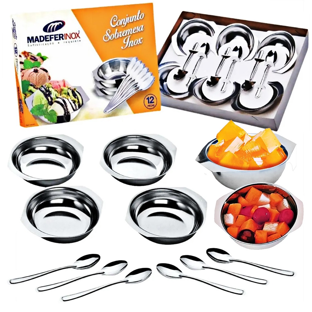 Conjunto Sobremesa 12 Peças Em Inox Com Jogo Potes Tigelas e Colheres