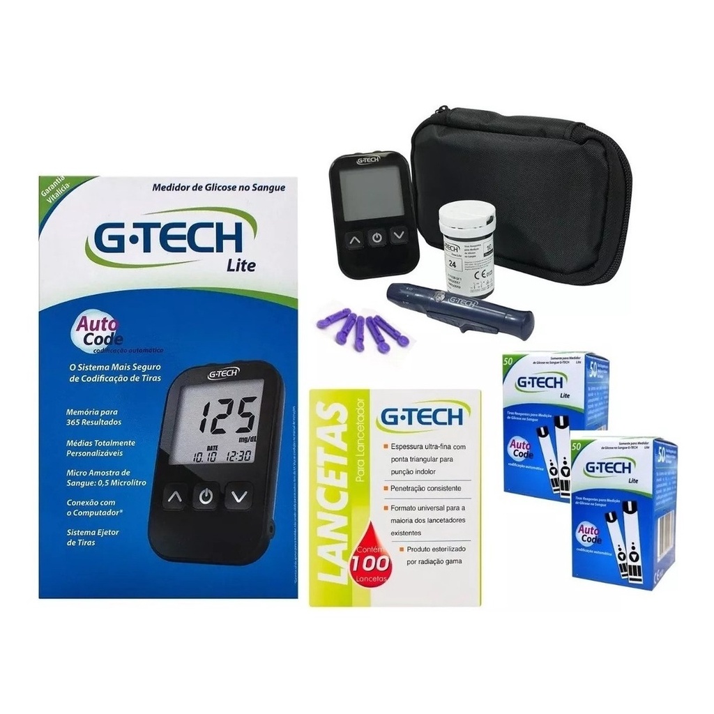 Kit Aparelho De Glicemia Completo + 110 Tiras + 110 Lancetas