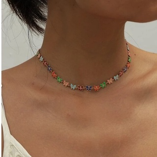 Colar Choker Borboleta Colorido Folheado Danhado A Ouro 18K