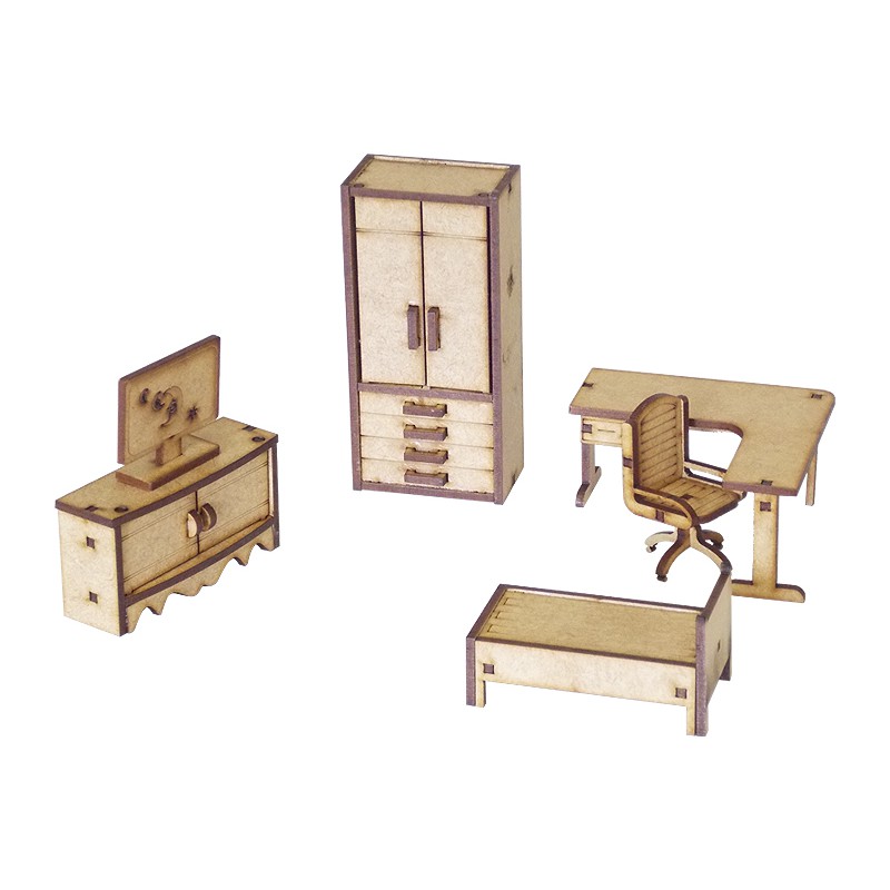 Kit 6 Peças Miniatura Quarto Solteiro Escritório Cama MDF
