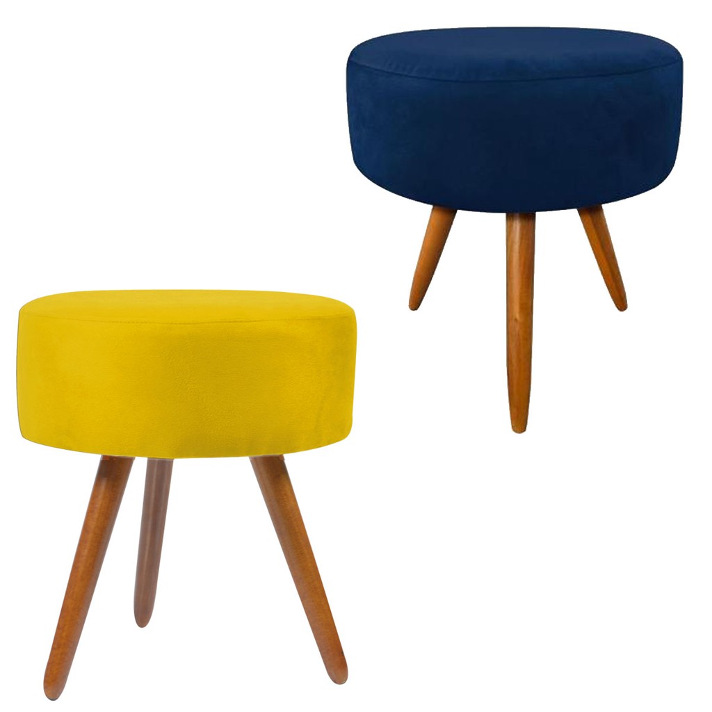 2 Puf Puff Decorativo Redondo Amarelo e Azul Marinho Decoração de Sala