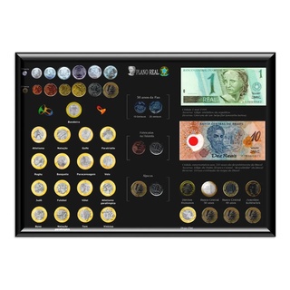Quadro Expositor Porta Moedas Coleção Comemorativas Plano Real Olimpiadas Casal FAo bandeira direitos humanos Moedas de 5 e 50 centavos da holanda moedas Alpacas Bc 40 e 50 anos do banco central JK Juscelino Kubitschek beija-flor 25 anos do plano real