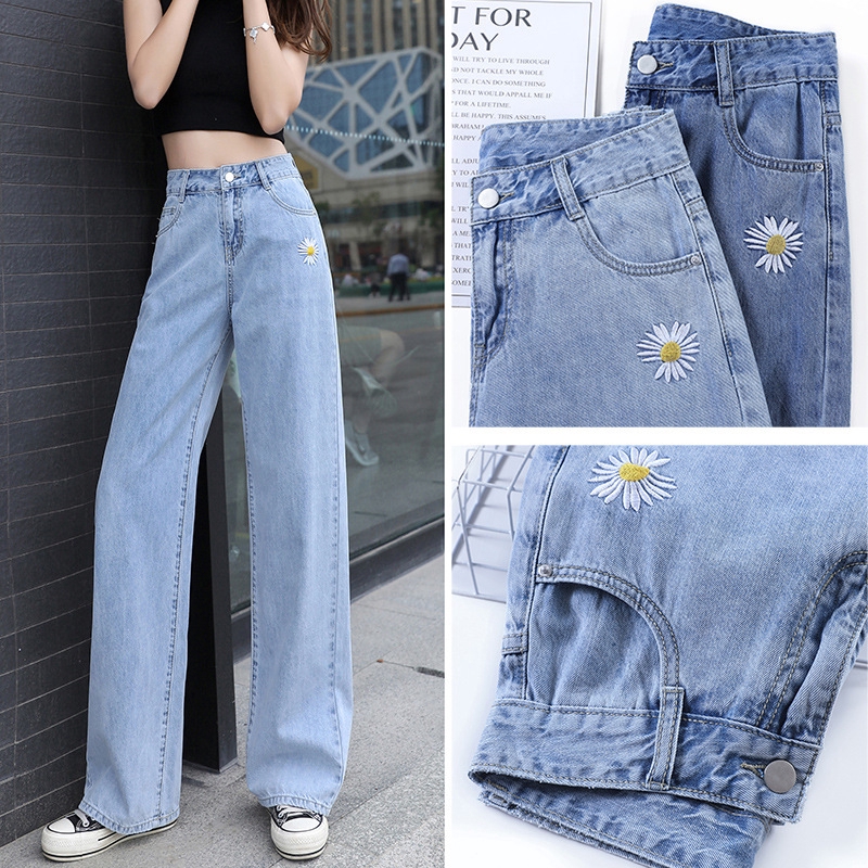 calça jeans cintura alta e perna larga