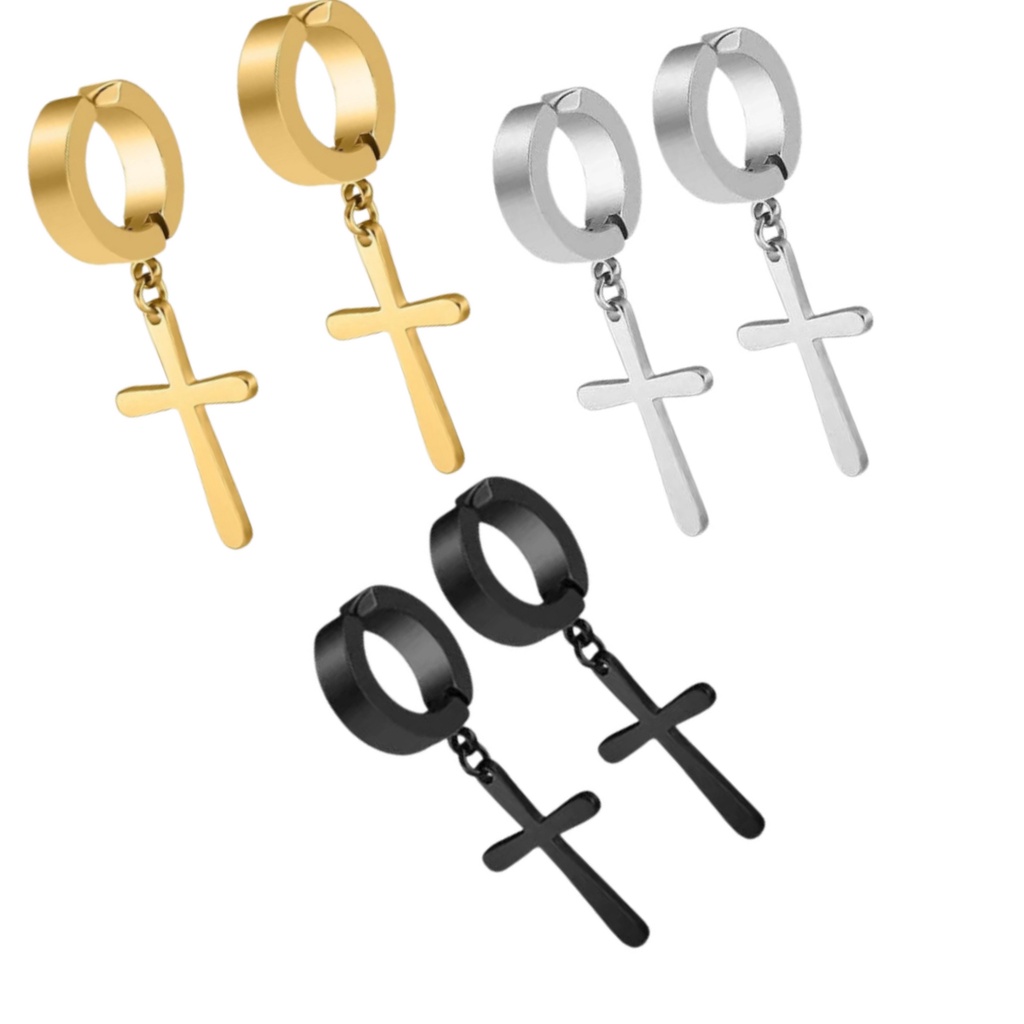 50%OFF Brinco de Pressão Cruz Aço Inox Antialergico Cirurgico Argola com Crucifixo Masculino Feminino
