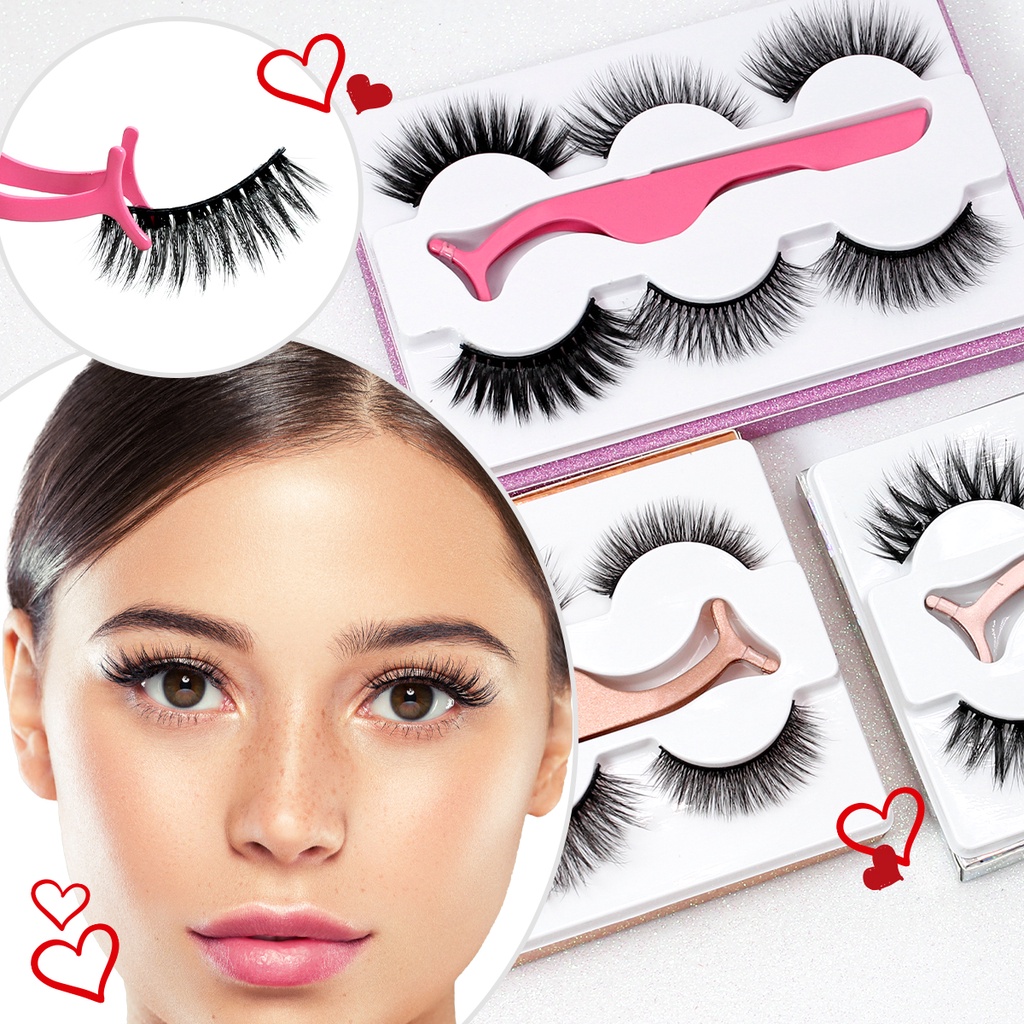 Cílios postiços Kit cílios 3 pares acompanha uma pinça curva reta para aplicação de cílios. em Oferta na Shopee
