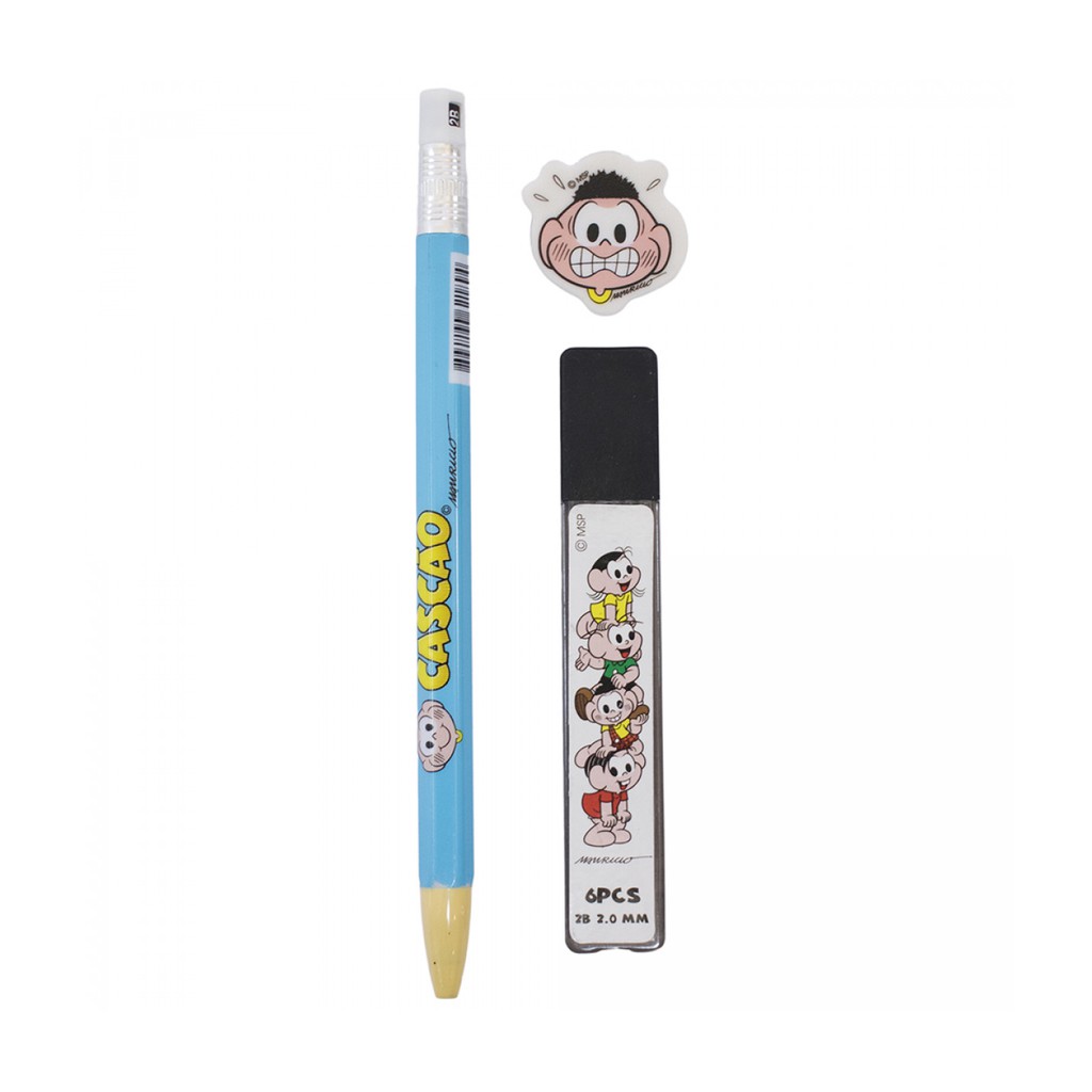 Kit Cascão Lapiseira 2mm Borracha E Grafite Turma Da Mônica