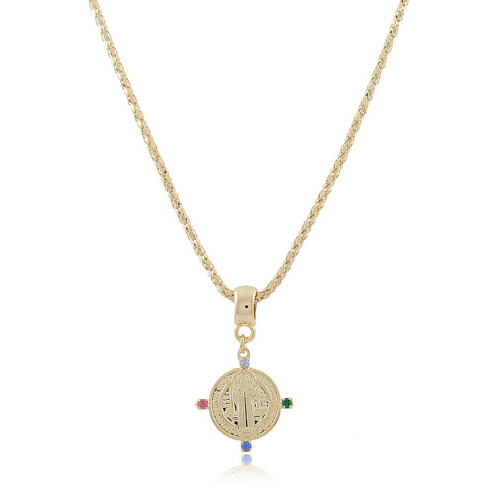 Colar Semijoia Cordão de Ouro Banhado Corrente Não é Bijuteria Colares Femininos Gargantilha Garantia Colar São Bento com Zircônias Coloridas