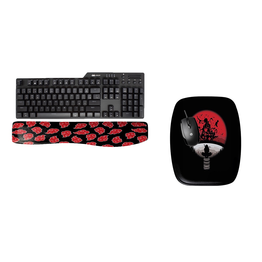 Kit Mouse Pad Ergonômico e Apoio de Teclado Anime Naruto Uchiha Itachi Corvos