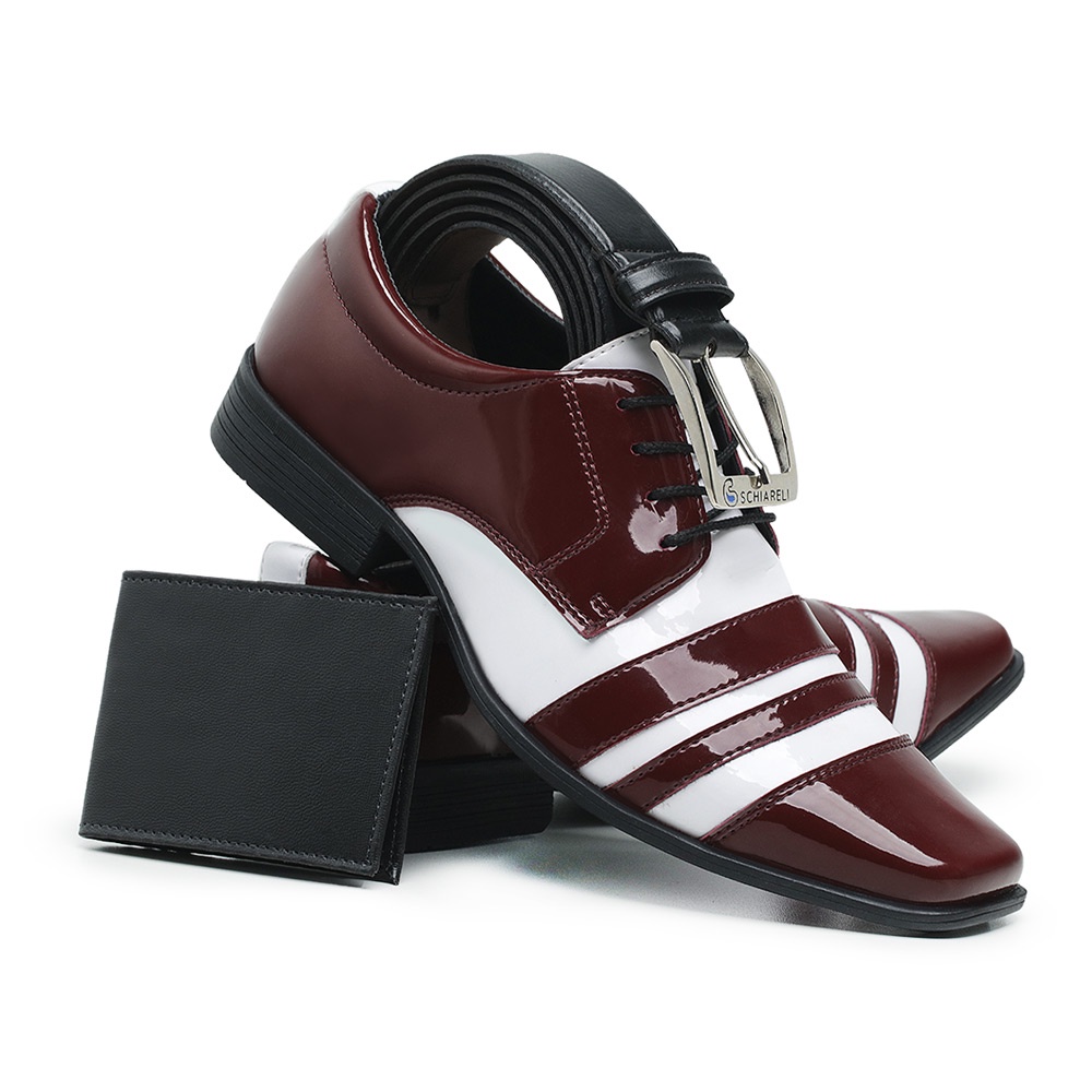 Kit Sapato Social Italiano 840 Bordô Branco Cinto E Carteira Masculino Verniz Brilho Casamento