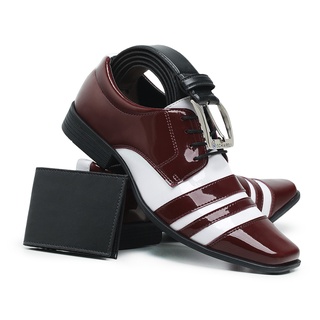 Kit Sapato Social Italiano 840 Bordô Branco Com Cinto E Carteira Masculino Conforto Casual Verniz Brilho Moderno Casamento